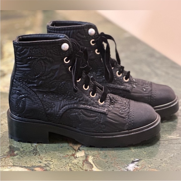 Chanel black shimmer logo pearl lace-up New in the